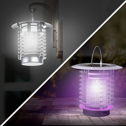Nature Spring - 2 - in - 1 LED Lantern and Bug Zapper - Portable Ultraviolet Lamp, Rechargeable Bug Zapper - USB Cord or Solar Panel - Stainless Steel