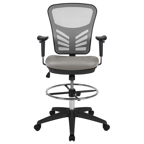 Flash Furniture - Mid-Back Light Gray Mesh Ergonomic Drafting Chair with Adjustable Chrome Foot Ring, Adjustable Arms and Black Frame - Light Gray Mesh/Black Frame