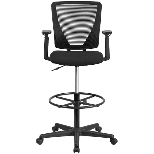 Flash Furniture - Ergonomic Mid-Back Mesh Drafting Chair with Fabric Seat, Adjustable Foot Ring and Adjustable Arms - Black