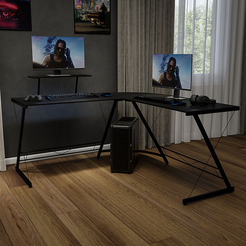 Flash Furniture - L-Shaped Computer Black Desk, Gaming Desk, Home Office Desk, Black Frame - Black/Black