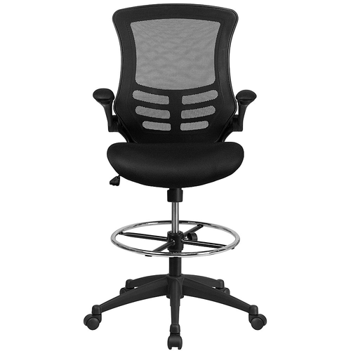 Flash Furniture - Mid-Back Mesh Ergonomic Drafting Chair with Adjustable Foot Ring and Flip-Up Arms - Black