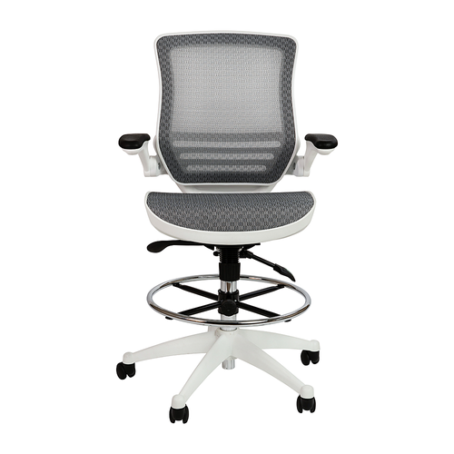 Flash Furniture - Mid-Back Transparent Gray Mesh Drafting Chair with White Frame and Flip-Up Arms - Gray Mesh/White Frame