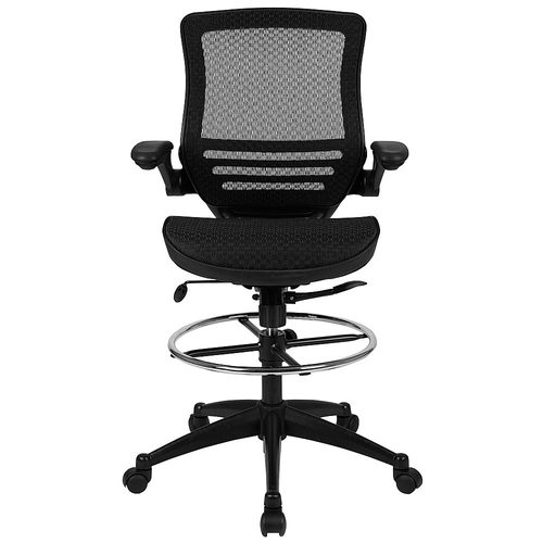 Flash Furniture - Mid-Back Transparent Black Mesh Drafting Chair with Black Frame and Flip-Up Arms - Black Mesh/Black Frame