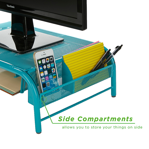 Mind Reader Metal Mesh Monitor Stand and Desk Organizer with Drawer, Desktop Monitor Stand Organizer, Turquoise - Turquoise