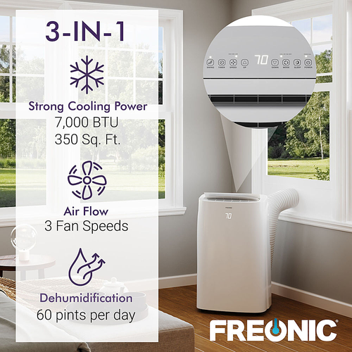 Freonic - 10,000 BTU Portable Air Conditioner | AC for Rooms up to 350 Sq.Ft. | LED Display | Sleep Mode | Dehumidifier - White