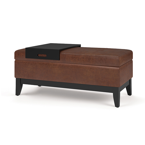 Simpli Home - Oregon Storage Ottoman Bench with Tray - Distressed Saddle Brown