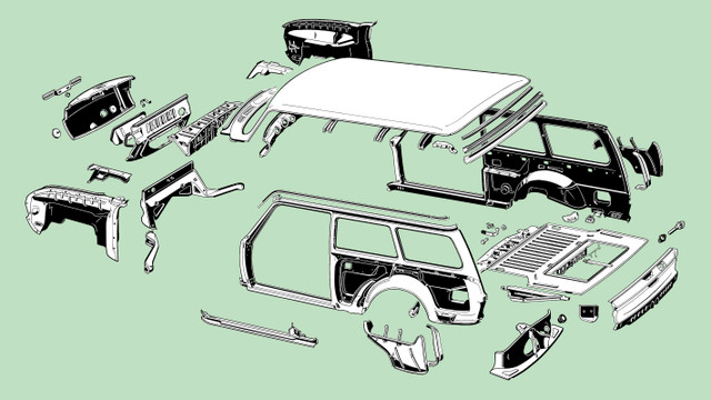 Exploded parts diagram of Type 3 Squareback sheet metal