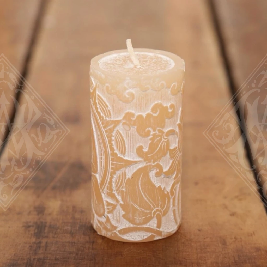 Antique jasmine meditation candle with Buddha and lotus embossed design, softly scented white jasmine candle for altar and meditation use
