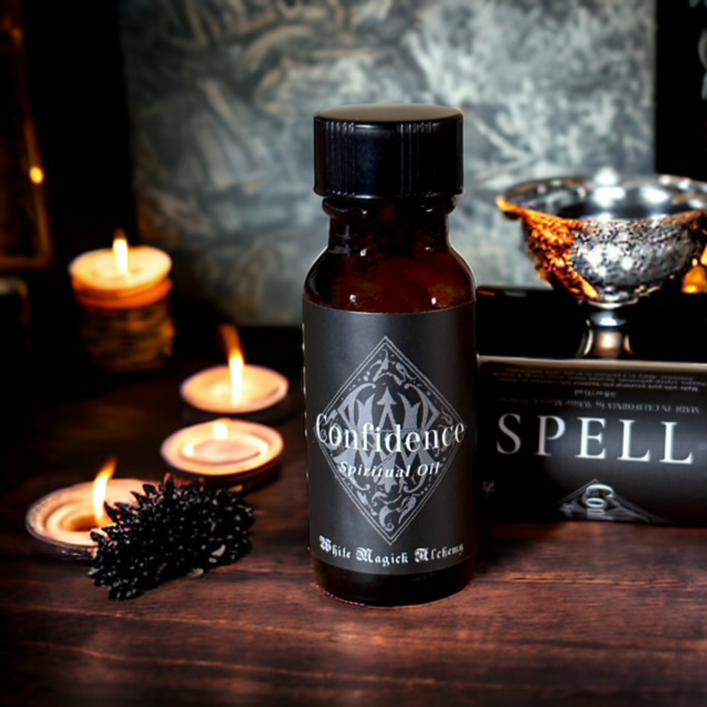an amber bottle with candles in the background on a wood table with a fancy black label that reads confidence spell oil by white magick alchemy