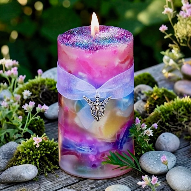 Fairy magic ritual candle with shimmering dust, silver fairy charm, and natural Ambrosia fragrance.