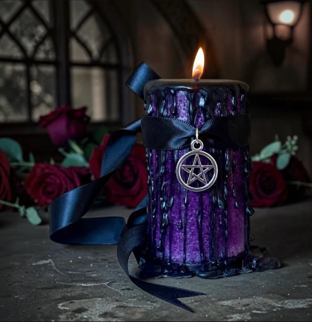 Queen of the Witches Hekate ritual spell candle with deep purple pillar wax, black drips, black ribbon, and silver pentacle charm by White Magick Alchemy