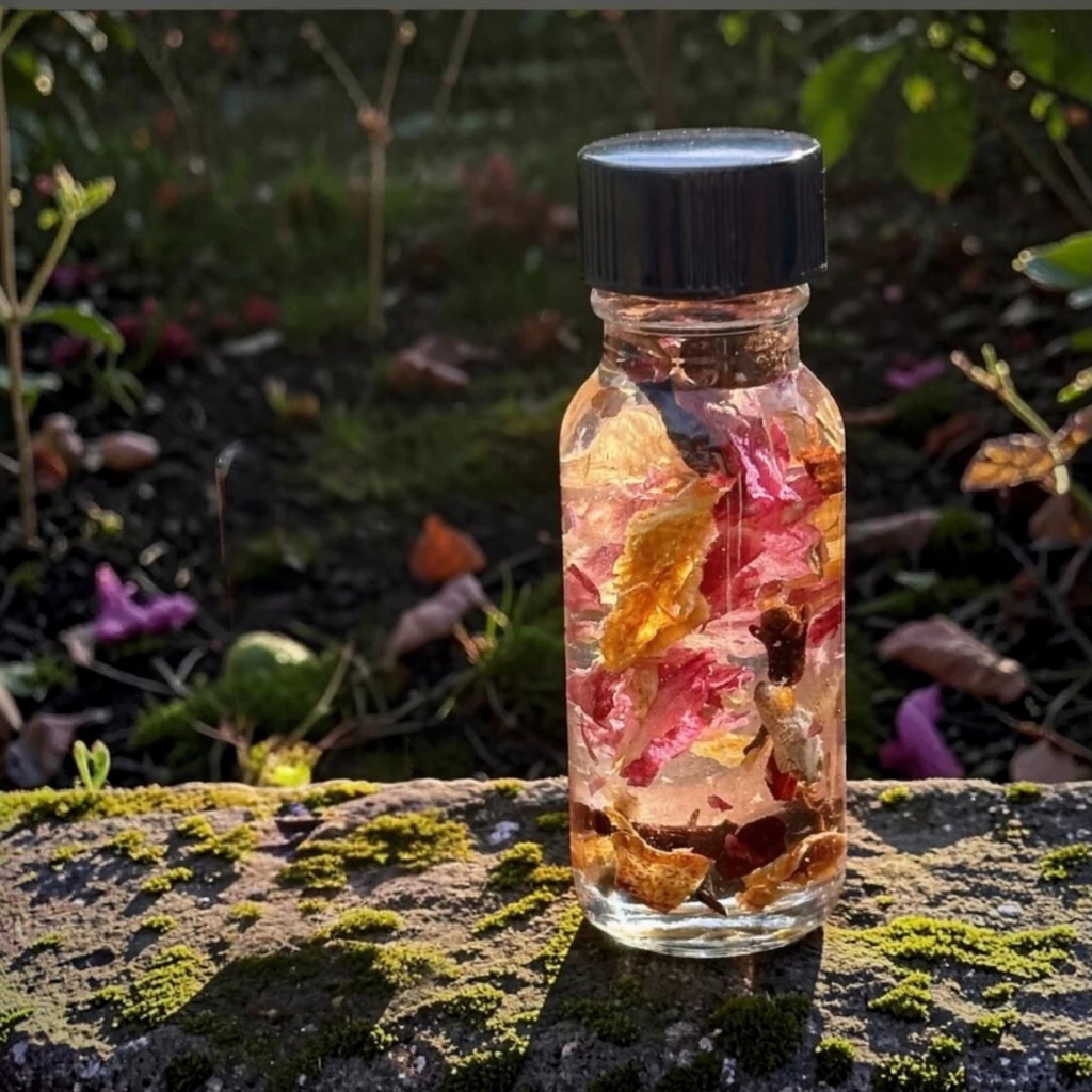 Samhain Spirit Night Oil Ritual Kit from White Magick Alchemy on moss and rocks outside in nature depicting the herbs, flowers and botanicals contained within the clear bottle.