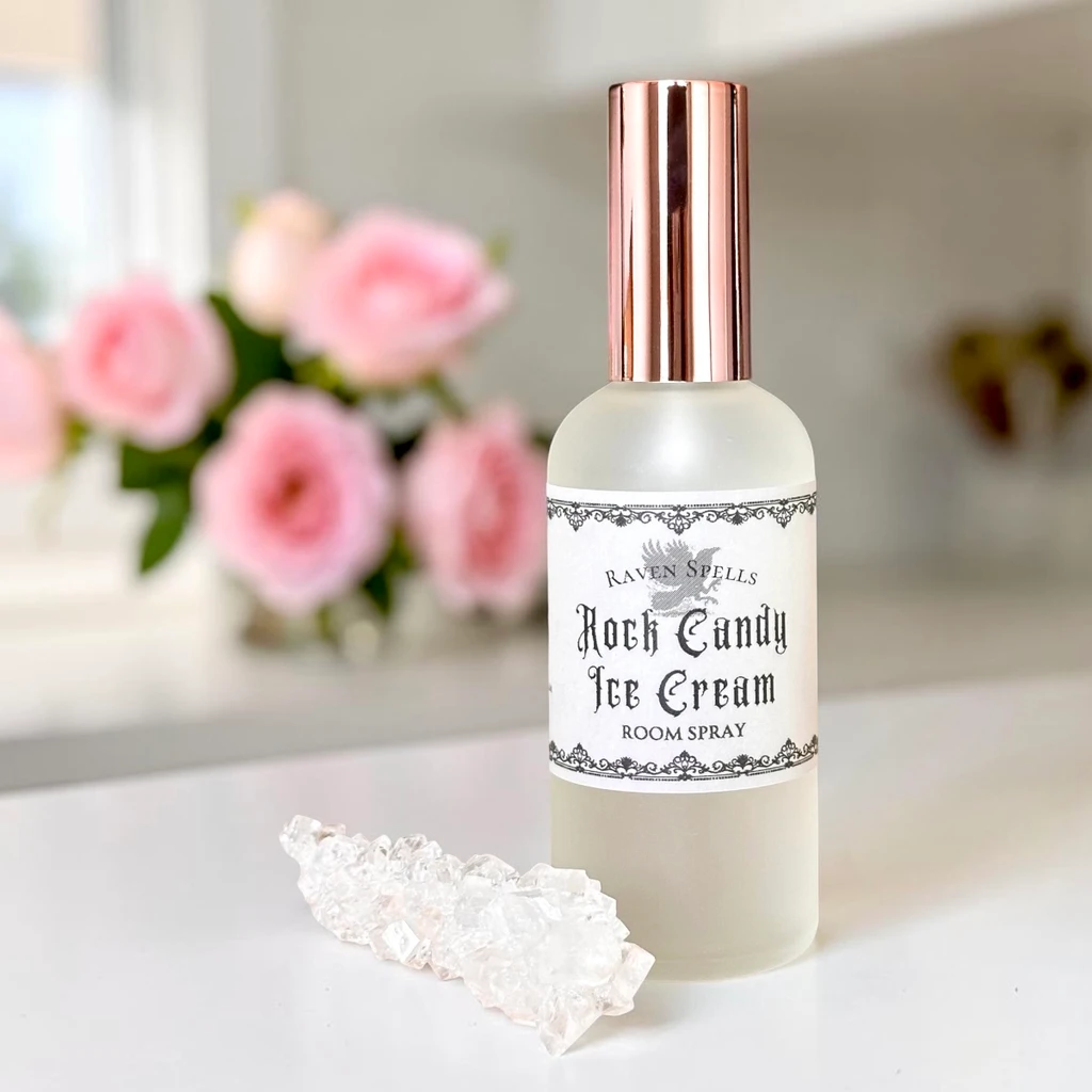 Rock Candy Ice Cream Room Spray in a white kitchen with candy and pink petal roses