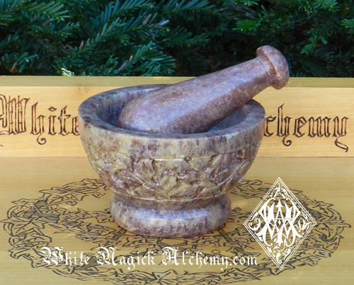 Floral Carved Mortar and Pestle Set in Stone