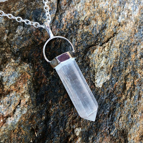 Selenite Crystal Point 7 Chakra Gemstone Pendant – Silver Necklace, Reiki Healing, Handmade In USA