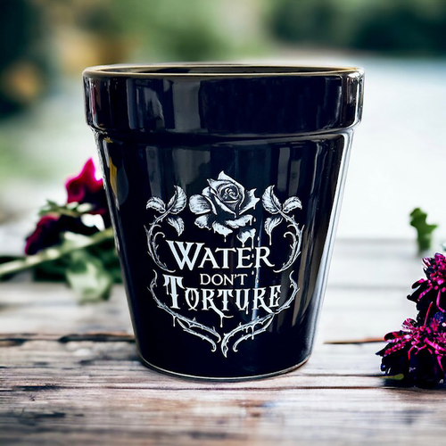 Black plant planter put with white lettering that says Water Don't Torture