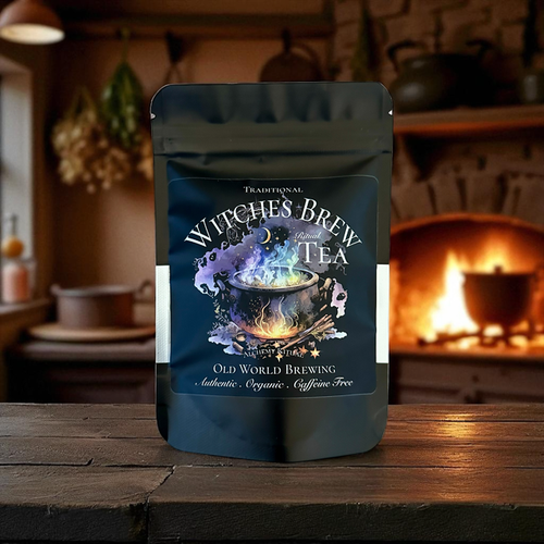 real witches brew tea with cauldron brewing in background