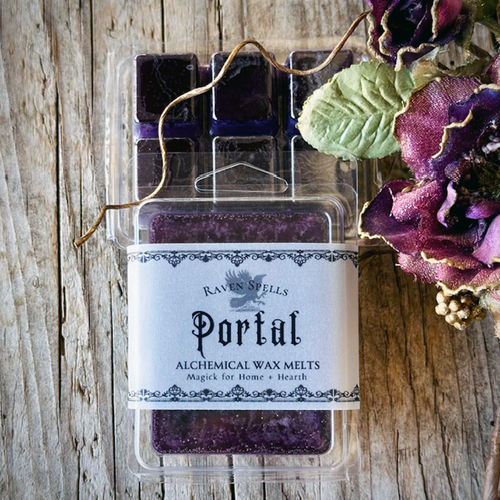 purple portal wax melts for samhain halloween on wood table