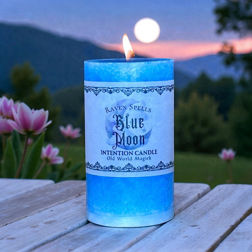 Handcrafted Blue Moon ritual spell candle for full moon manifestation, emotional release, and spiritual intention work during lunar cycles