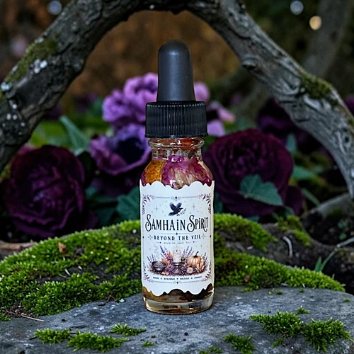 Samhain Spirit Night Ritual Spell Oil with black obsidian for ancestor work and candle magic