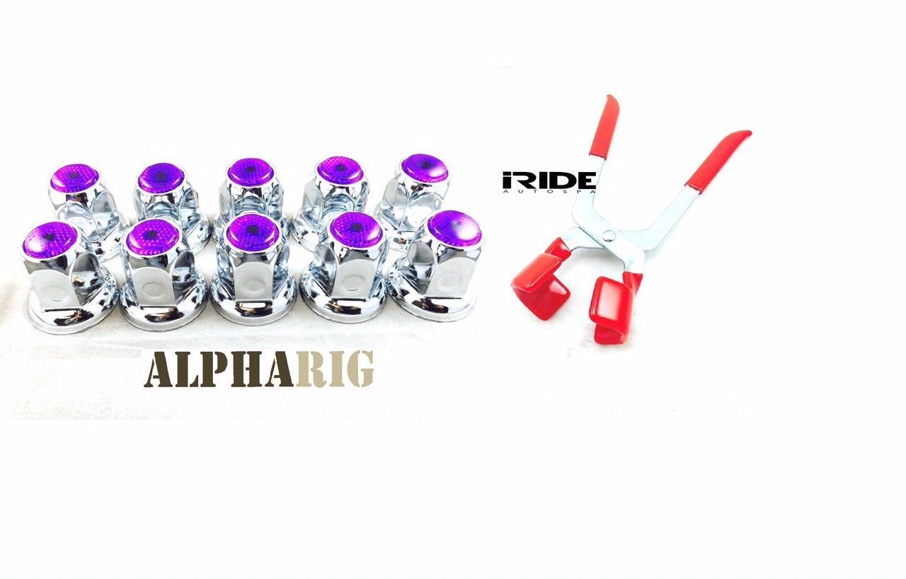 40 Lug Nut Covers Set w/ PURPLE top Reflector Steel 33mmX2 with lug puller tool