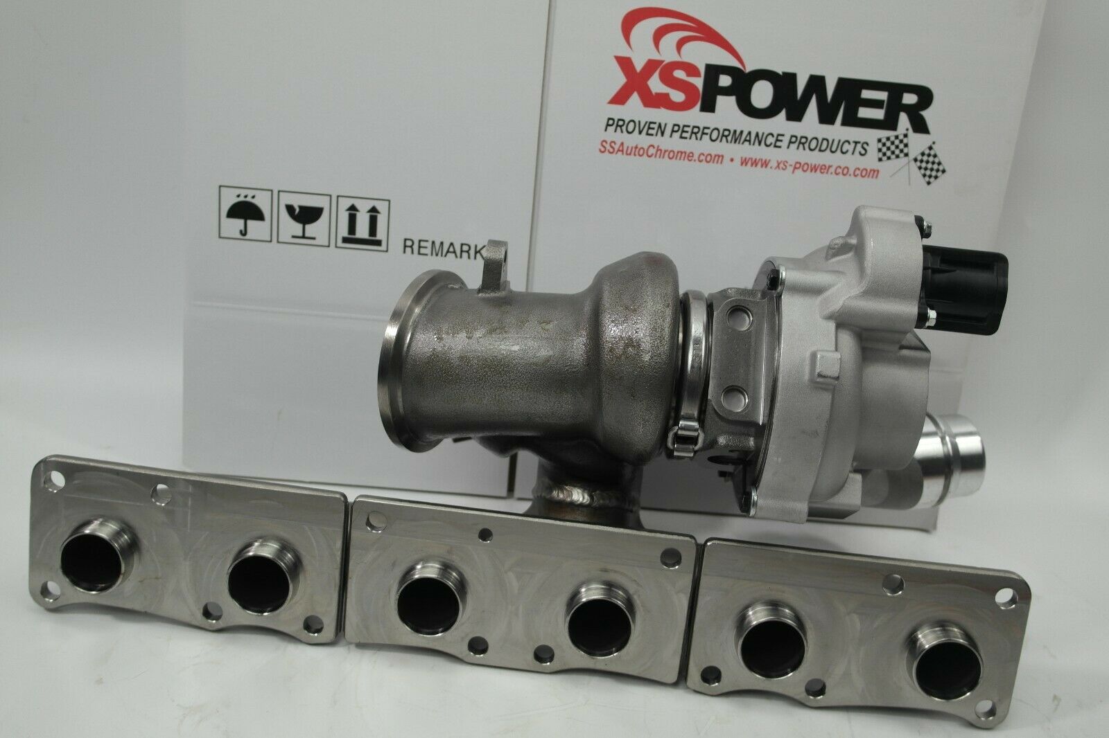 XS-POWER BMW N55 billet turbocharger assembly with electronic wastegate (EWG) for F10 535i featuring forged billet compressor wheel, upgraded CHRA, and high-performance direct replacement design.
