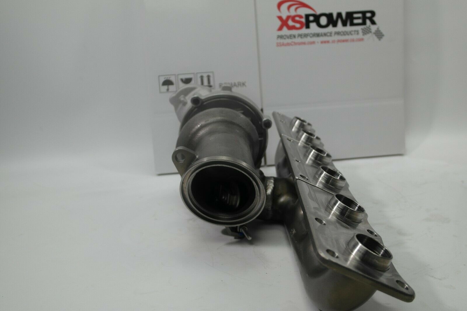 XS-POWER BMW N55 billet turbocharger assembly with electronic wastegate (EWG) for F10 535i featuring forged billet compressor wheel, upgraded CHRA, and high-performance direct replacement design.