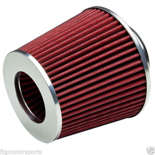 Universal 2.5 inch red cone cold air intake filter with metal mesh reinforcement and mounting clamp for short ram and turbo intake piping