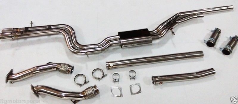 Complete Audi S4 B5 2.7 twin-turbo exhaust package including 3-inch downpipes, 2.5-inch cat-back and installation hardware