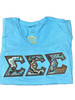 Sigma Sigma Sigma Tri-Sigma Sorority V-neck Double Stitched Letter Shirt-Blue- Size XS