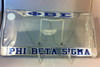 Silver background with blue letters