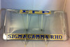 Gold background with blue letters