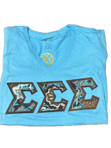 Sigma Sigma Sigma Tri-Sigma Sorority V-neck Double Stitched Letter Shirt-Blue- Size XS
