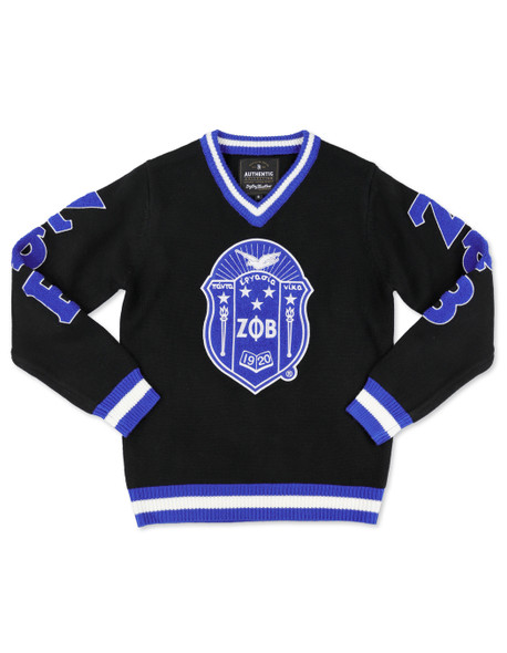 Zeta Phi Beta Sorority Pull Over V-Neck Sweater- Crest-Black/Blue        