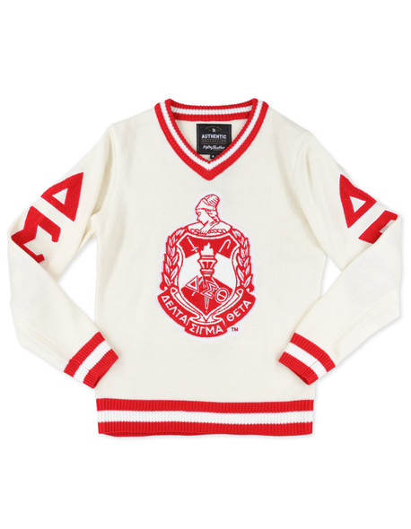 Delta Sigma Theta Sorority Pull Over V-Neck Sweater- Crest-White/Red-Style 2 -Front