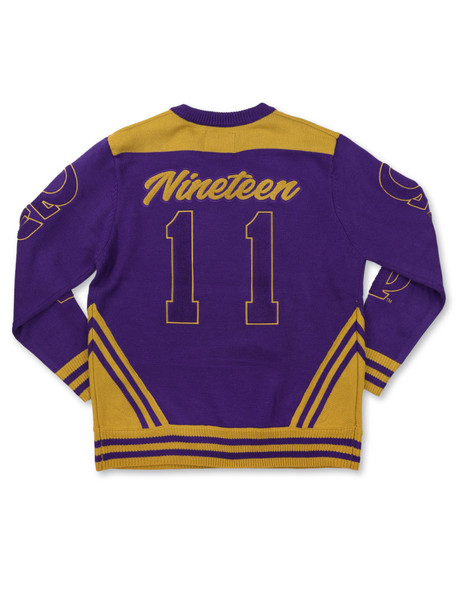 Omega Psi Phi Fraternity Pull Over V-Neck Sweater- Crest-Purple/Gold