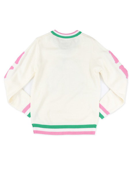 Alpha Kappa Alpha Sorority Pull Over V-Neck Sweater- Crest-White/Pink-Back