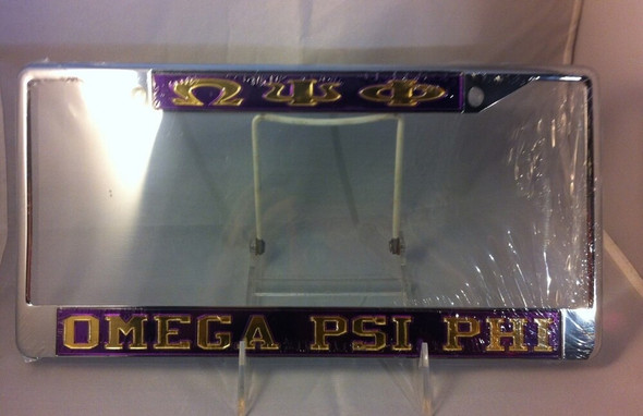 Omega Psi Phi Fraternity Three Greek Letter License Plate Frame-Purple/Gold
