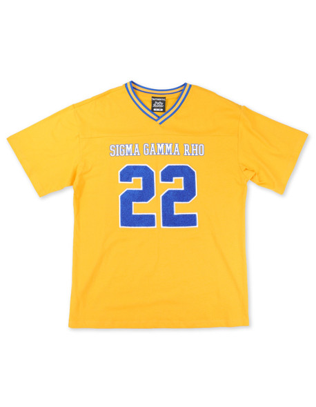 Sigma Gamma Rho Sorority Oversized V-Neck Football Jersey Tee-Yellow/Blue