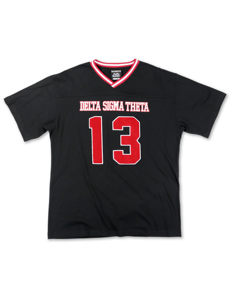 Delta Sigma Theta Sorority Oversized V-Neck Football Jersey Tee-Black/Red