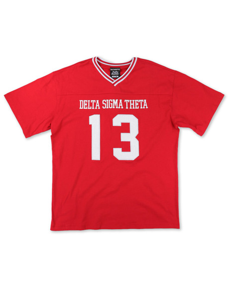 Delta Sigma Theta Sorority Oversized V-Neck Football Jersey Tee-Red/White