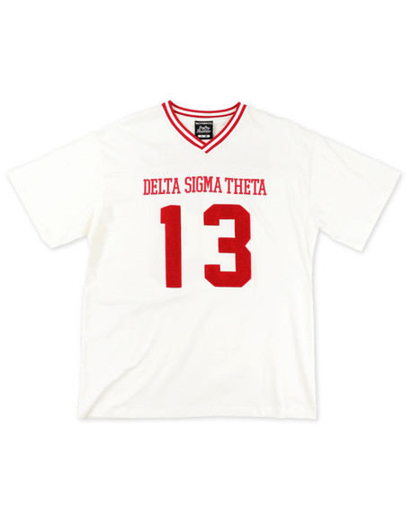 Delta Sigma Theta Sorority Oversized V-Neck Football Jersey Tee-Ivory-Front