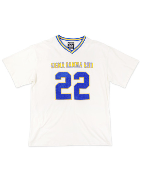 Sigma Gamma Rho Sorority Oversized V-Neck Football Jersey Tee-Ivory