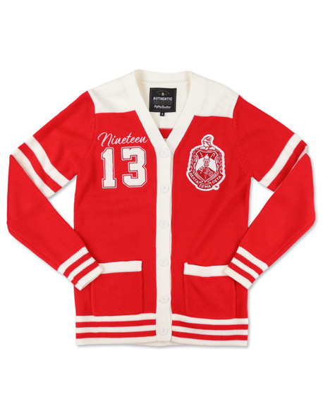 Delta Sigma Theta Sorority Sweater-Button Down-Crest-Red/White-Front