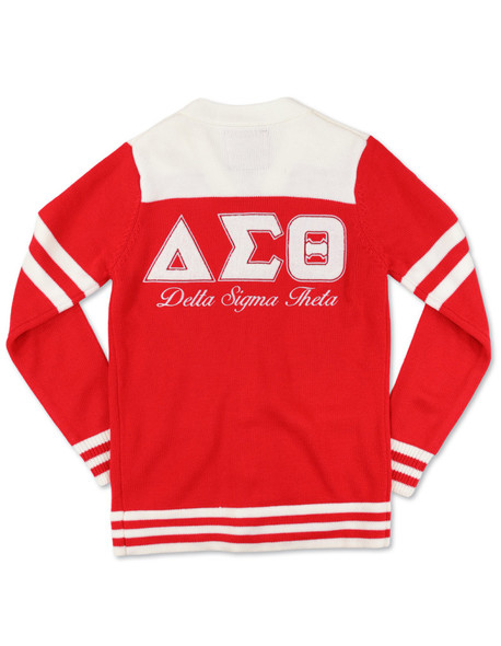 Delta Sigma Theta Sorority Sweater-Button Down-Crest-Red/White-Back