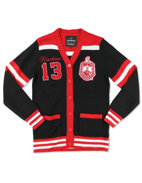 Delta Sigma Theta Sorority Sweater-Button Down-Crest-Black/Red