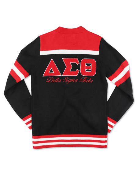 Delta Sigma Theta Sorority Sweater-Button Down-Crest-Black/Red