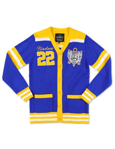 Sigma Gamma Rho Sorority Sweater-Button Down-Crest-Blue/Yellow
