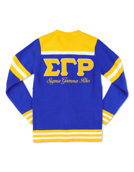 Sigma Gamma Rho Sorority Sweater-Button Down-Crest-Blue/Yellow