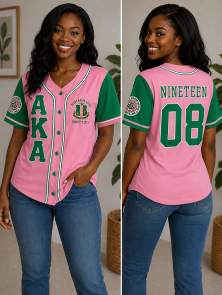 Alpha Kappa Alpha AKA Sorority Baseball Jersey- Button Up-Pink/Green